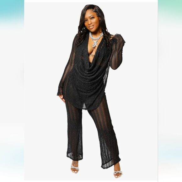 Black Mesh 3-Piece Swimsuit Set  Size Medium Bikini Top, Cover Top & Pants NEW - Picture 1 of 9